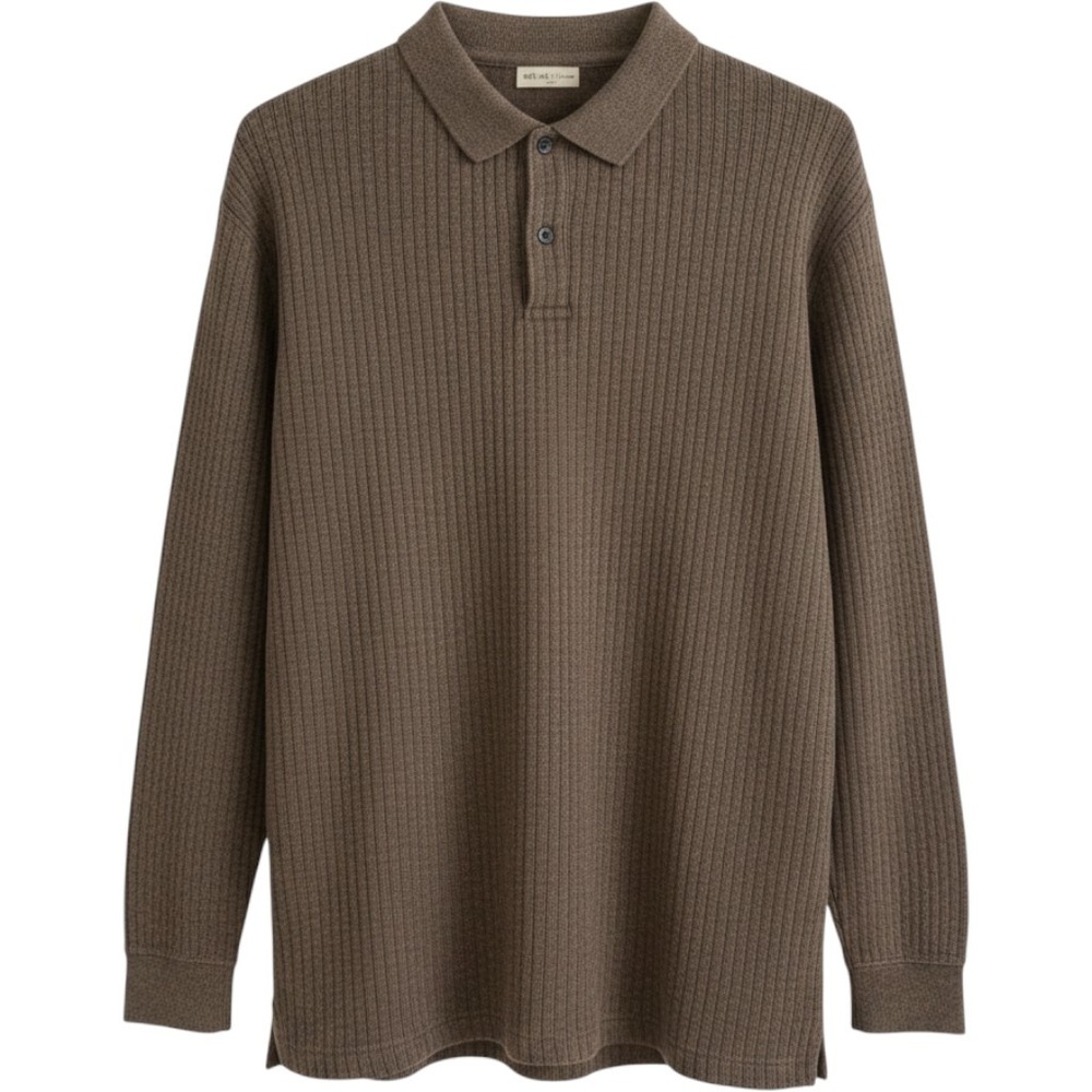 Pierre Cardin Mens Brown Ribbed Long Sleeve Polo Shirt Large L Casual Luxury